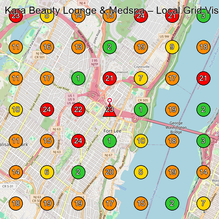 Kara Beauty Lounge & Medspa Medical Spa GeoGrid ranking map for Fort Lee NJ